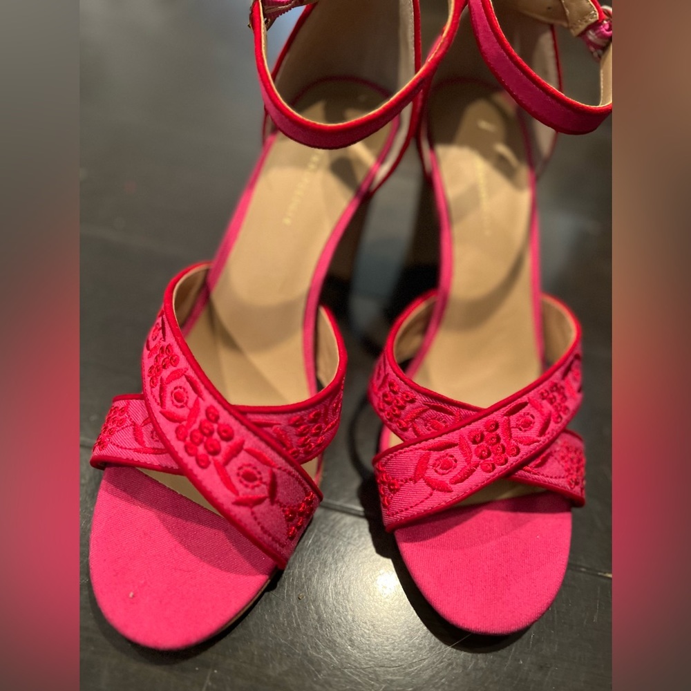Antropologie pink heel with red embroidery size 10